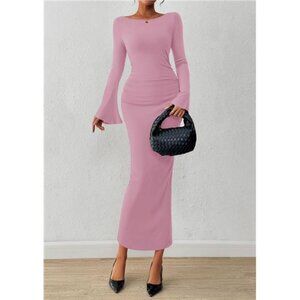 Women's Maxi Dress Long Bell Sleeve Ruched Pink